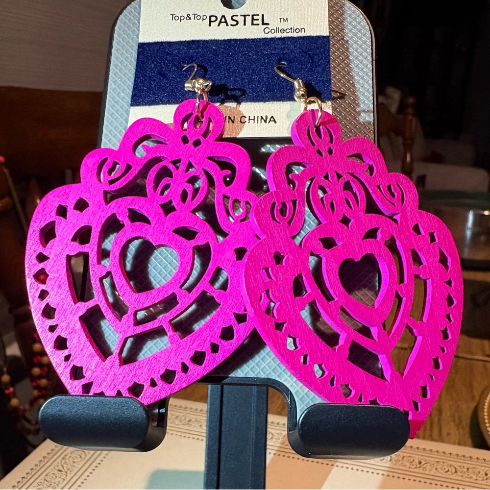 Fuchsia Open Heart Wooden Earrings